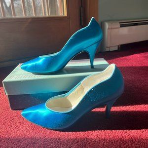 Vintage 1993 Studio 6 Dyable Satin Teal Pointed Toe 6.5M Kitten Heals Size 8